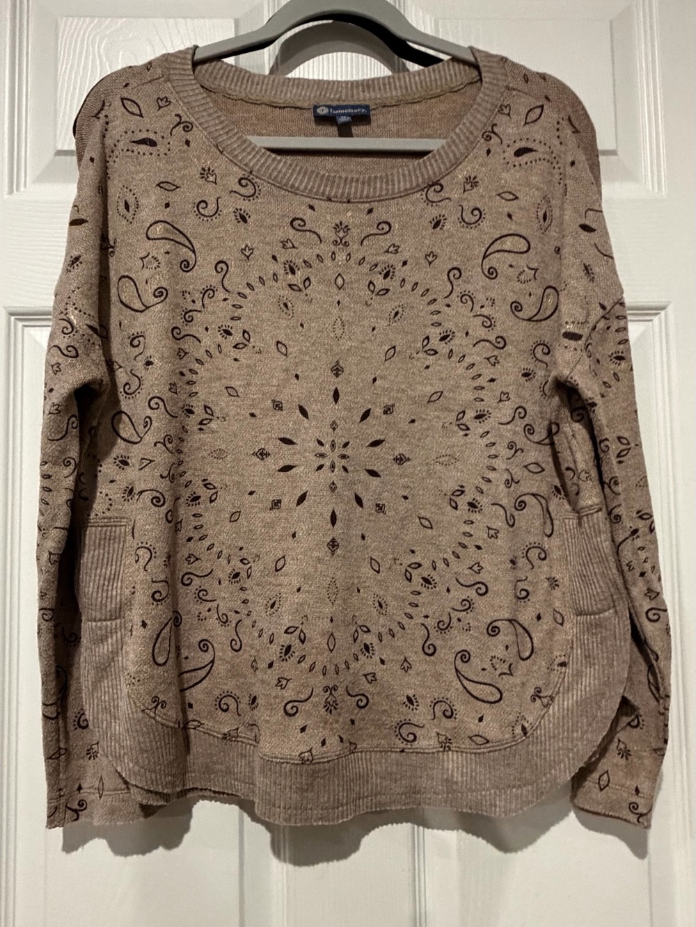 Democracy Taupe Paisley Medallion Crewneck Sweater